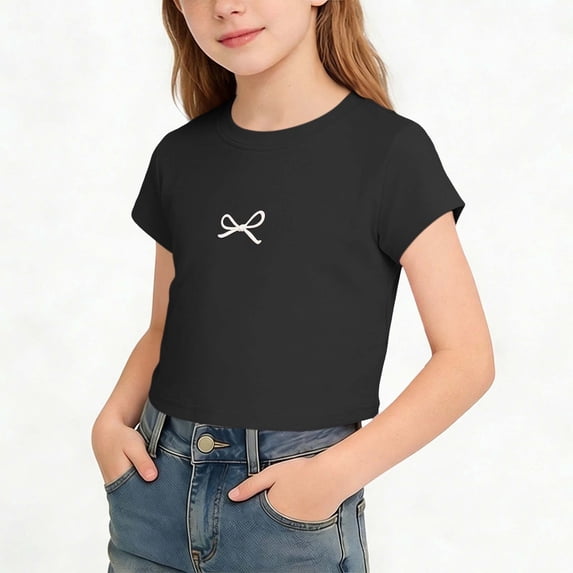 ITSAME Girls Crewneck T-Shirts Cotton Cute Bow Print Short Sleeve Tops Kids Casual Comfort Tees Black Size 1-2