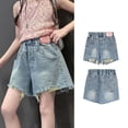 thumbnail image 1 of ITSAME Girls Denim Shorts, Elastic Waist Frayed Hem with Pocket Loose Casual Jean Shorts for Summer Blue 12T, 1 of 9