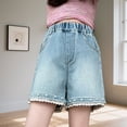 thumbnail image 1 of ITSAME Girls Denim Shorts, with Pocket Floral Edge with Bead Elastic Waist Summer Casual Fashion Jean Shorts Blue 9T, 1 of 6