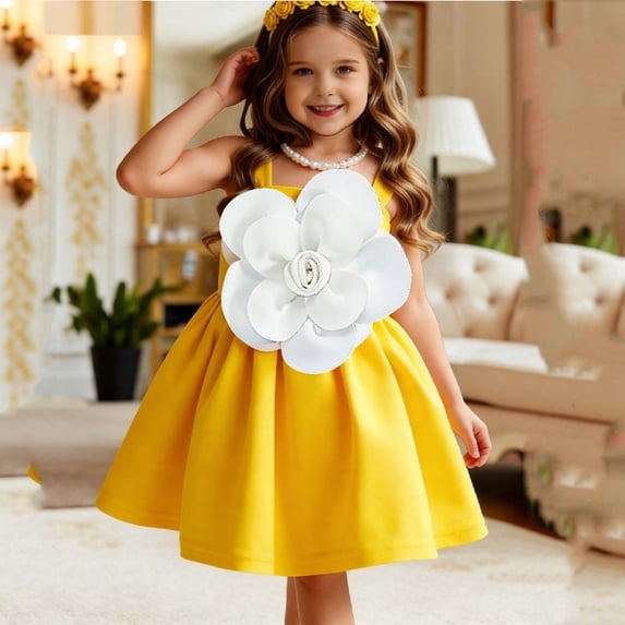 ITSAME Girls Dress, Cinched Waist Fashion Flower Ruffle Sleeveless Kids Wedding Party Pageant Dress Yellow 4-5T