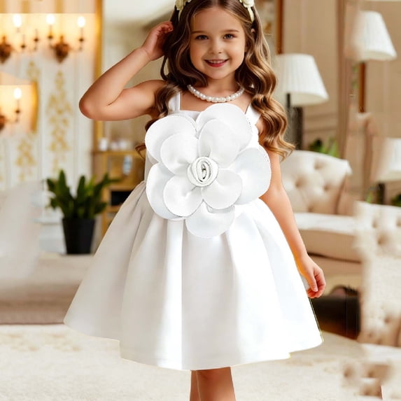 ITSAME Girls Dress, Fashion Flower Cinched Waist Ruffle Sleeveless Kids Wedding Party Pageant Dress White 2-3T
