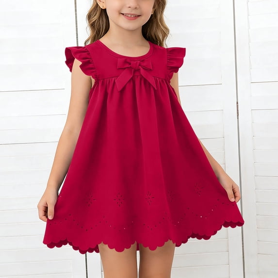 ITSAME Girls Dress, Hollow Out Hem Cotton Flutter Ruffle Summer Fashion Casual Crewneck Princess Dress Wine 9-12M