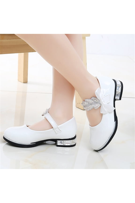 Girls Dress Shoes, Cute Bow Closed Toe Ankle Strap Party Wedding Princess Shoes for Kids White 3M(Big Kids)