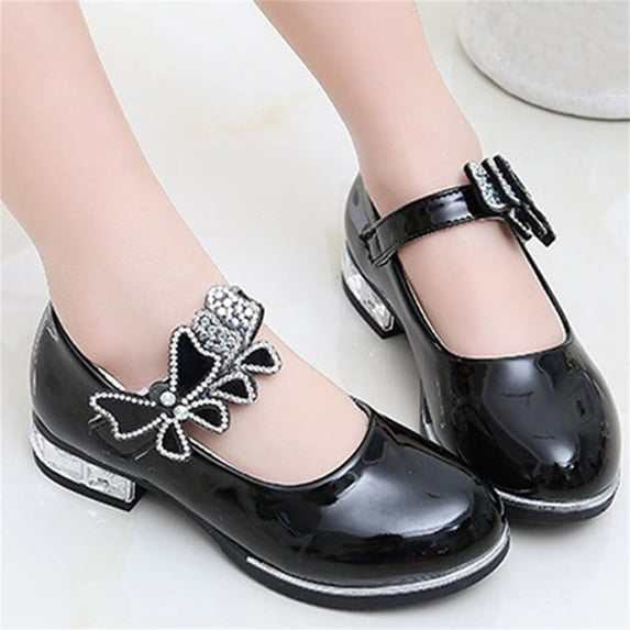ITSAME Girls Dress Shoes, Low Block Heel Closed Toe Ankle Strap Kids Wedding Party Princess Shoes Black 1M(Big Kids)