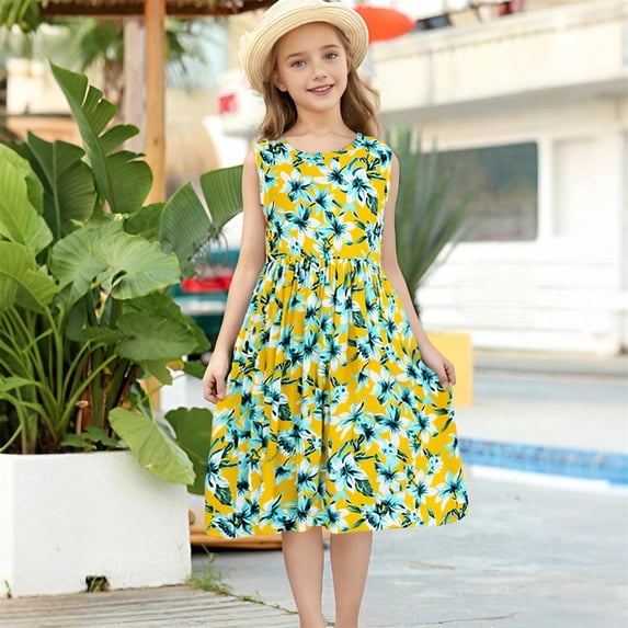 ITSAME Girls Dresses Crewneck Sleeveless A-Line Summer Casual Tunic Midi Sundress Green Size 8-9