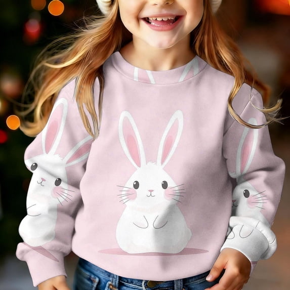 ITSAME Girls Easter Sweatshirts, Long Sleeve Crewneck Cute Bunny Print Kids Casual Loose Pullover Multicolor 6-7T