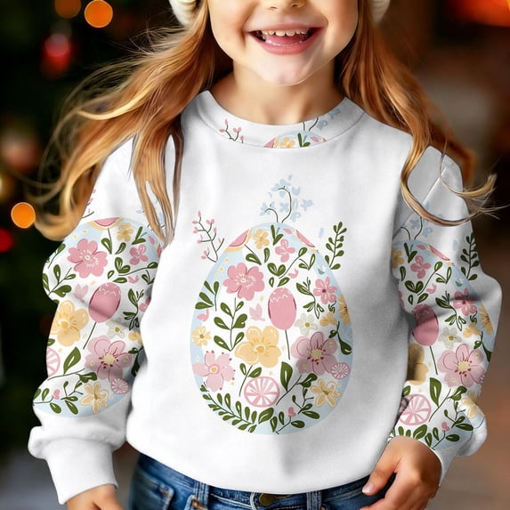 ITSAME Girls Easter Sweatshirts, Long Sleeve Crewneck Fashion Print Kids Comfortable Casual Top Multicolor 10-11T