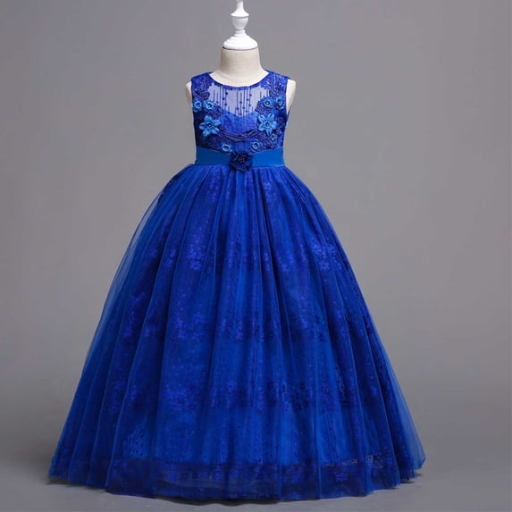 ITSAME Girls Embroidery Formal Dress Crewneck Sleeveless Wedding Pageant Birthday Party Maxi Gown Blue Size 5-6