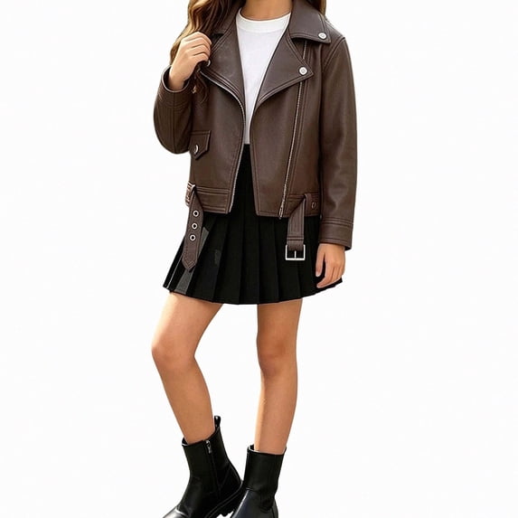 ITSAME Girls Faux Leather Motorcycle Jacket Zip Up Long Sleeve Casual Outerwear with Belt Size 9