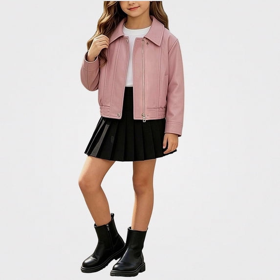 ITSAME Girls Faux Leather Zip Up Moto Jacket Lapel Long Sleeve Outdoor Trendy Casual Outerwear with Pockets Size 7