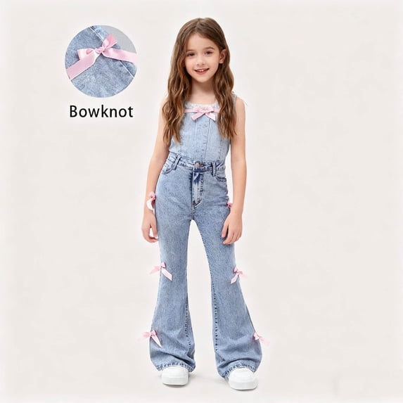 ITSAME Girls Flared Jeans, Slim Fit Fashion Bowknot Elastic Waist Casual Comfortable Denim Pants with Pocket Blue 10-11T