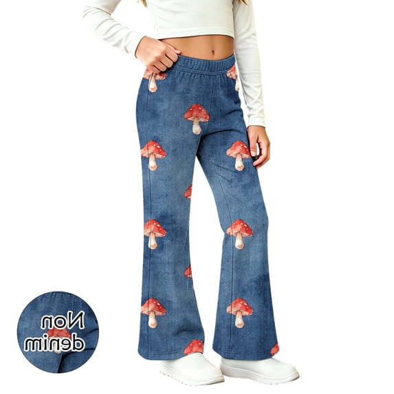 ITSAME Girls Flared Pants Elastic Waist Comfy Stretchy Fashion Print Versatile Casual Pants Blue Size 7