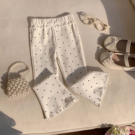 ITSAME Girls Flared Pants, Elastic Waist Cotton Polka Dot Print Summer Casual Fashion Pants Beige Size 6