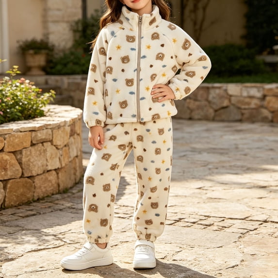 ITSAME Girls Fleece 2-Piece Outfit Zip Up Jacket and Jogger Pants Cute Print Fall Winter Warm Casual Set White Size 12