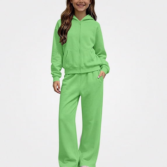 ITSAME Girls Fleece-Lined Outfit 2-Piece Full Zip Hoodie and Wide Leg Pants Fall Winter Warm Casual Set Size 5T