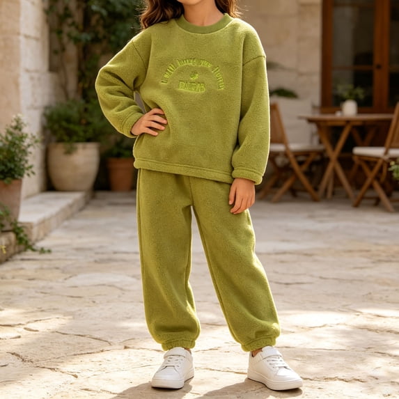 ITSAME Girls Fleece Outfit 2-Piece Crewneck Sweatshirt and Jogger Pants Fall Winter Warm Loungewear Green Size 6