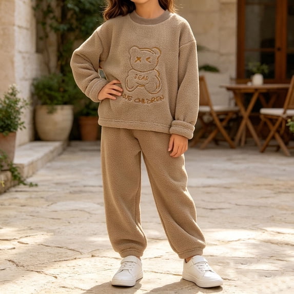 ITSAME Girls Fleece Outfit Set Crewneck Sweatshirt and Jogger Pants 2-Piece Fall Winter Warm Casual Clothes Brown Size 3T