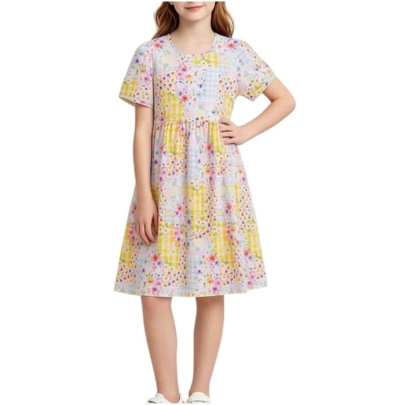 ITSAME Girls Floral Dress Cotton Breathable Puff Short Sleeve Summer Loose Casuual Midi Dress White Size 13-14