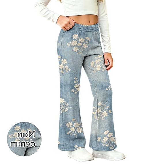 ITSAME Girls Floral Printed Flared Pants Elastic Waist Stretchy Comfy Fashion Casual Trousers Blue Size 10