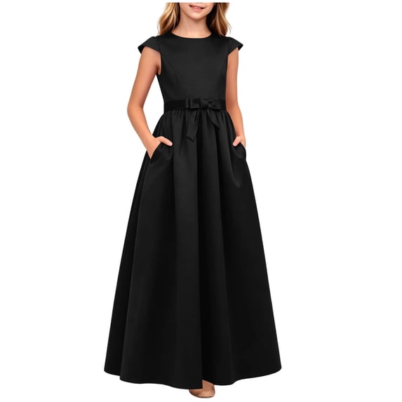 ITSAME Girls Formal A-Line Dress with Pockets Round Neck Bow Belt Wedding Party Pageant Gown Black Size 8
