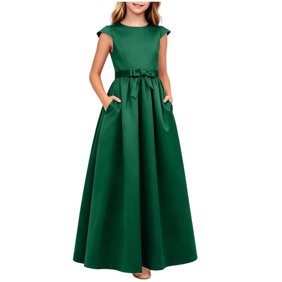 ITSAME Girls Formal A-Line Dress with Pockets Round Neck Bow Belt Wedding Party Pageant Gown Green Size 12