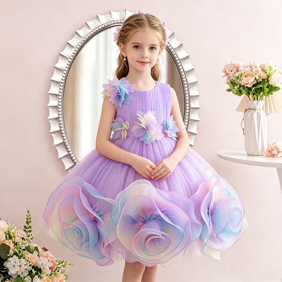 ITSAME Girls Formal Dress Crewneck Sleeveless Fashion Flower Kids Birthday Wedding Party Ball Gown Purple Size 5-6