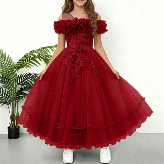 ITSAME Girls Formal Dress Sequin Embroidery Tiered Ruffle Puffy Tulle Wedding Birthday Pageant Gown Red Size 8-9