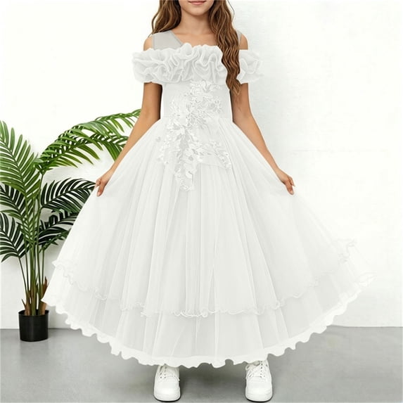 ITSAME Girls Formal Dress Sequin Embroidery Tiered Ruffle Puffy Tulle Wedding Birthday Pageant Gown White Size 7-8