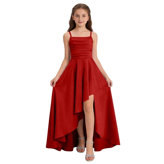 ITSAME Girls Formal Dress, Square Neck High-Low Hem Waist-Cinching Kids Wedding Pageant Party Prom Gown Red 5-6T