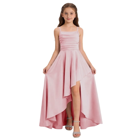 ITSAME Girls Formal Dress, Waist-Cinching High-Low Hem Square Neck Kids Wedding Pageant Party Prom Gown Pink 11-12T