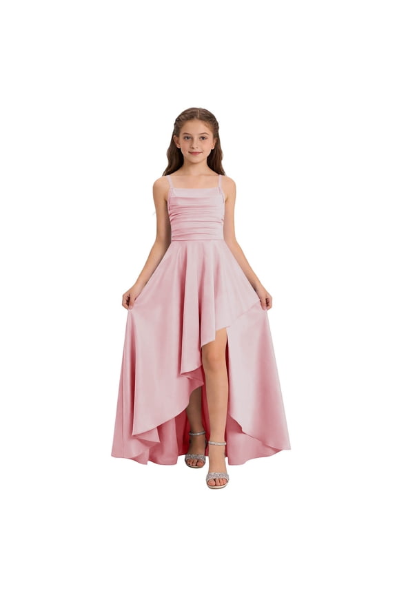 Girls Formal Dress, Waist-Cinching High-Low Hem Square Neck Kids Wedding Pageant Party Prom Gown Pink 11-12T