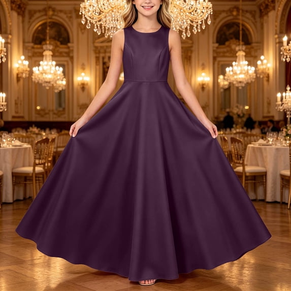 ITSAME Girls Formal Maxi Dress A-Line Sleeveless Crew Neck Wedding Party Pageant Prom Gown Purple Size 10