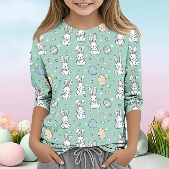 ITSAME Girls Graphic Tees, 3/4 Sleeve Easter Bunny Print Crewneck Holiday Casual Comfortable T-Shirts Multicolor 9-10T