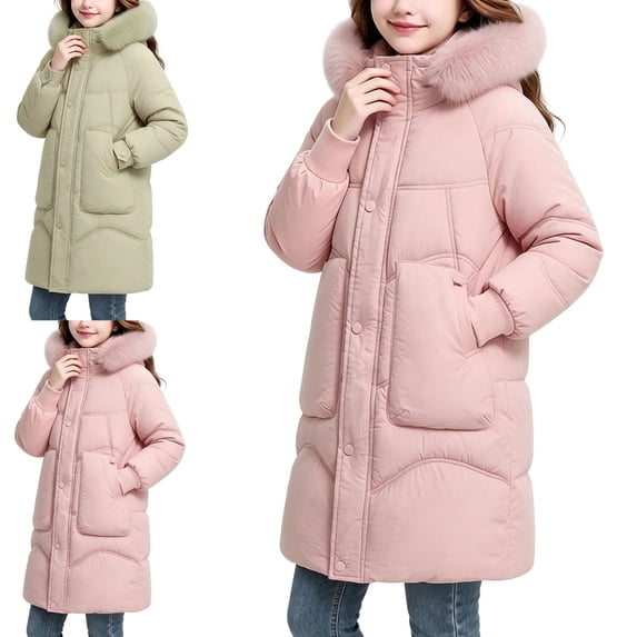 ITSAME Girls Hooded Knee Length Puffer Coat Winter Warm Button Down Outerwear Jacket with Pockets Pink Size 8