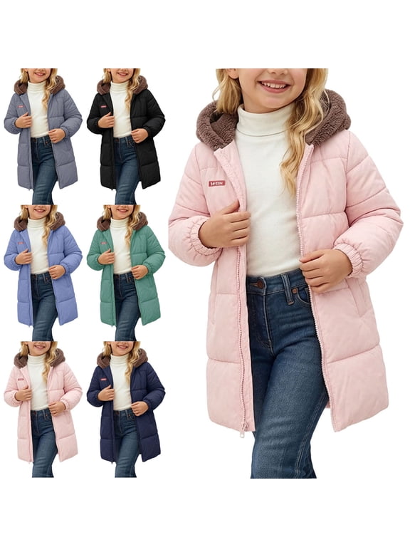 Girls Hooded Puffer Coat Long Sleeve Full Zip Winter Quilted Warm Outerwear Jacket with Pockets Gray Size 6