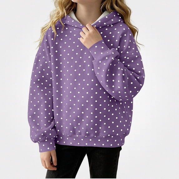 ITSAME Girls Hooded Sweatshirt (3-16) Polka Dot Print Loose Fit Long Sleeve Fall Winter Fashion Versatile Hoodie Size 5T