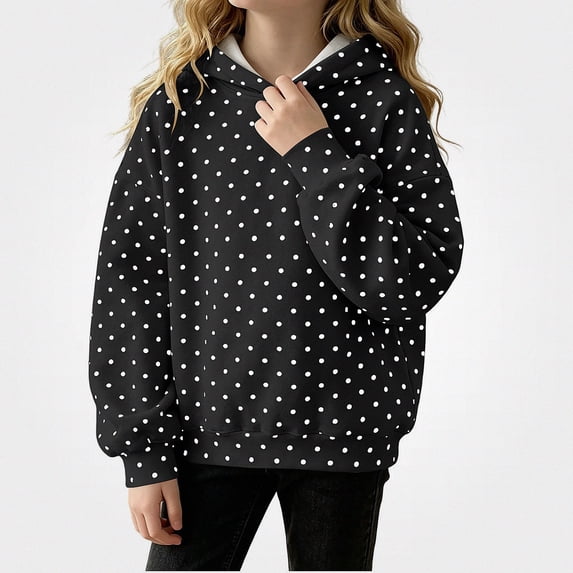 ITSAME Girls Hooded Sweatshirt (3-16) Polka Dot Print Loose Fit Long Sleeve Fall Winter Fashion Versatile Hoodie Size 7