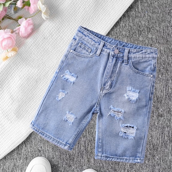 ITSAME Girls Jean Shorts, Elastic Band Casual Athletic Hole Broken Summer Fashion Popular Denim Shorts Sky Blue 4-5T