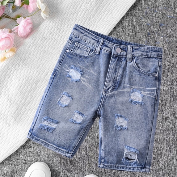 ITSAME Girls Jean Shorts, Elastic Band Hole Broken Casual Athletic Summer Fashion Popular Denim Shorts Light Blue 12-13T