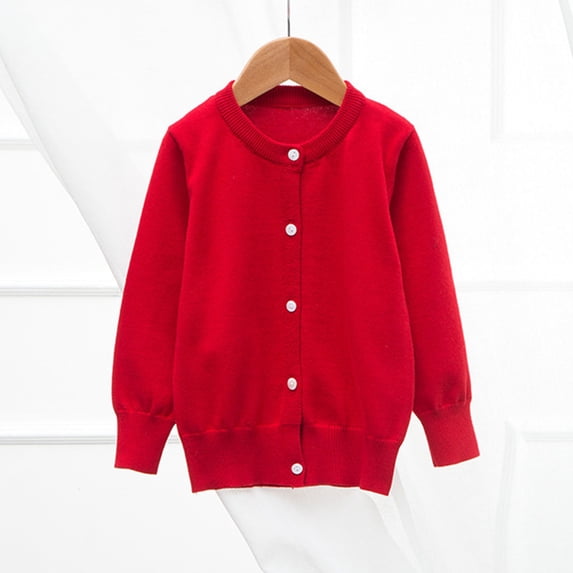 ITSAME Girls Knit Cotton Cardigan Button Up Long Sleeve Outerwear Kids Soft Comfy Sweater for Fall Winter Red Size 3T