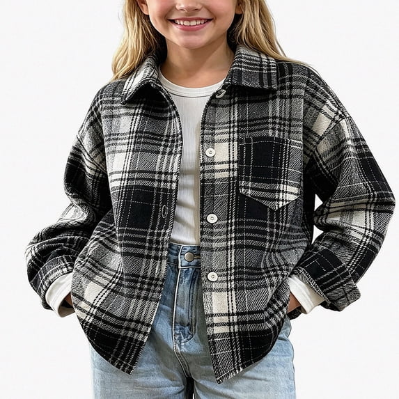 ITSAME Girls Lapel Button Down Shirt Jacket Plaid Print Long Sleeve Fall Casual Outerwear with Chest Pocket Size 3T