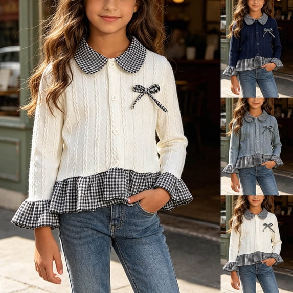 ITSAME Girls Lapel Button Up Shirt Cute Bow Plaid Print Ruffle Hem Kids Fashion Casual Cardigan Blue Size 7