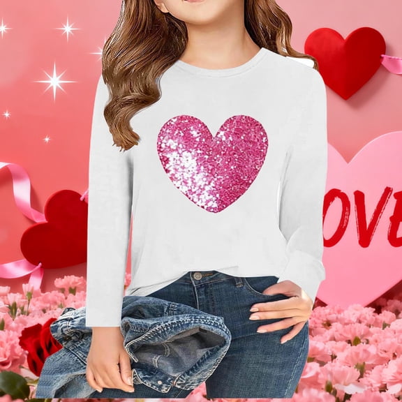 ITSAME Girls Long Sleeve Shirts, Round Neck Heart Graphic Valentine's Day Edition Pullover Shirts White 8-9T
