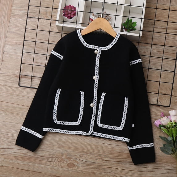ITSAME Girls Long Sleeve Sweater with Pockets Knit Cotton Soft Comfy Kids Versatile Button Up Cardigan Black Size 12
