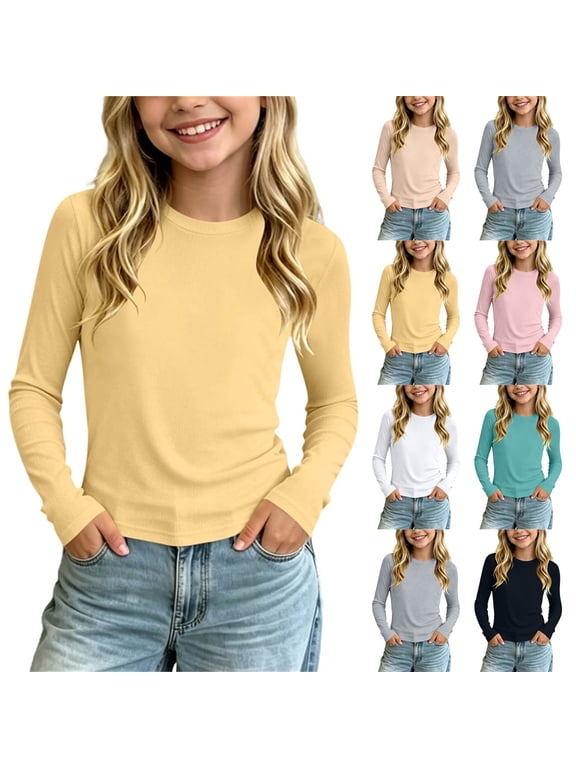 Girls Long Sleeve T-Shirt Round Neck Solid Color Basic Tee Kids Comfy Casual Tops Pink Size 6