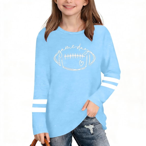 ITSAME Girls Long Sleeve T-Shirts, Round Neck Fashion Print Loose Fit Kids Fashion Leisure Tees Light Blue Size 9-10T