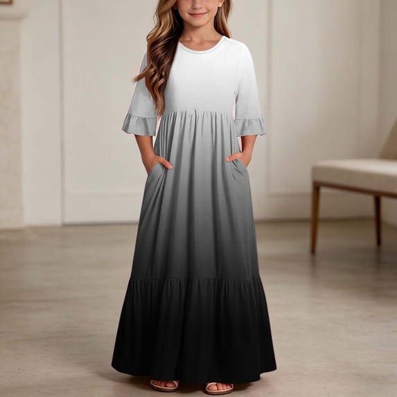ITSAME Girls Maxi Dress Round Neck Ruffled 3/4 Sleeve Gradient Print Summer Flowy Casual A-Line Dress Black Size 8