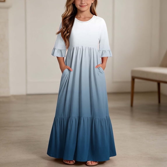 ITSAME Girls Maxi Dress Round Neck Ruffled 3/4 Sleeve Gradient Print Summer Flowy Casual A-Line Dress Blue Size 6