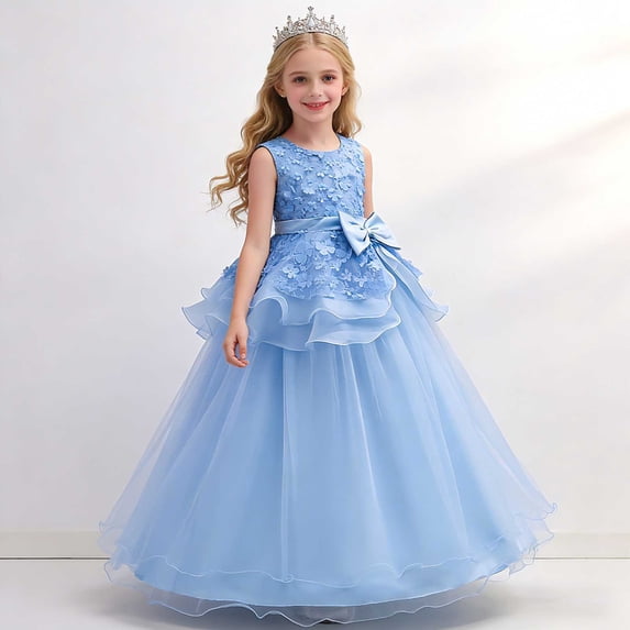 ITSAME Girls Maxi Formal Dress Cute Bow Floral Embroidery Wedding Pageant Party Princess Gown Blue Size 7-8