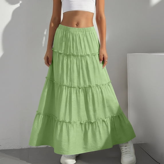 ITSAME Girls Maxi Skirt, Loose Fit High Waist Tiered Ruffled Summer Solid Fashion Casual Skirt Green 10-11T